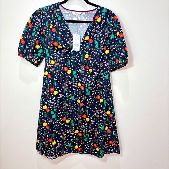 Boden NWT Navy Blue Floral Mini Dress 12 Cotton Puff Sleeves Spring Mod Garden - Picture 1 of 10